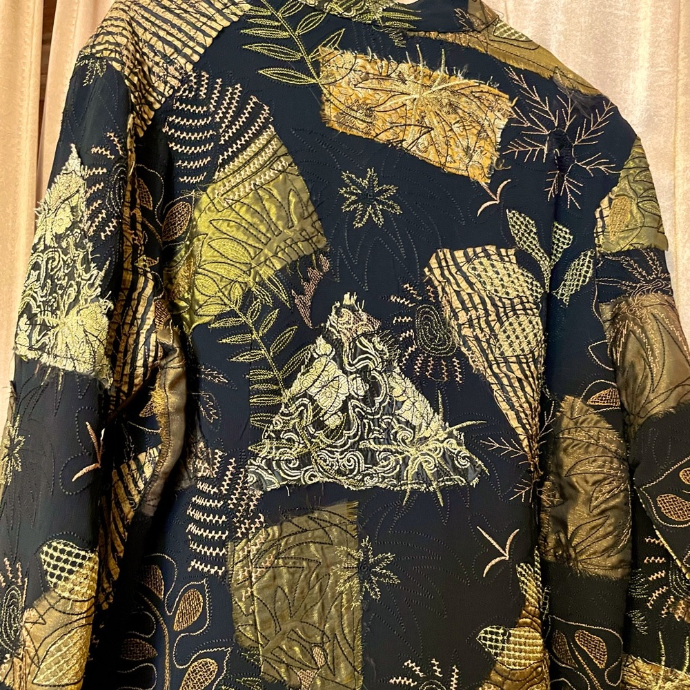 Vintage 90s Chico's Silk Patchwork Botanical Zip Up Bomber Jacket Size 2 - Picture 2 of 6